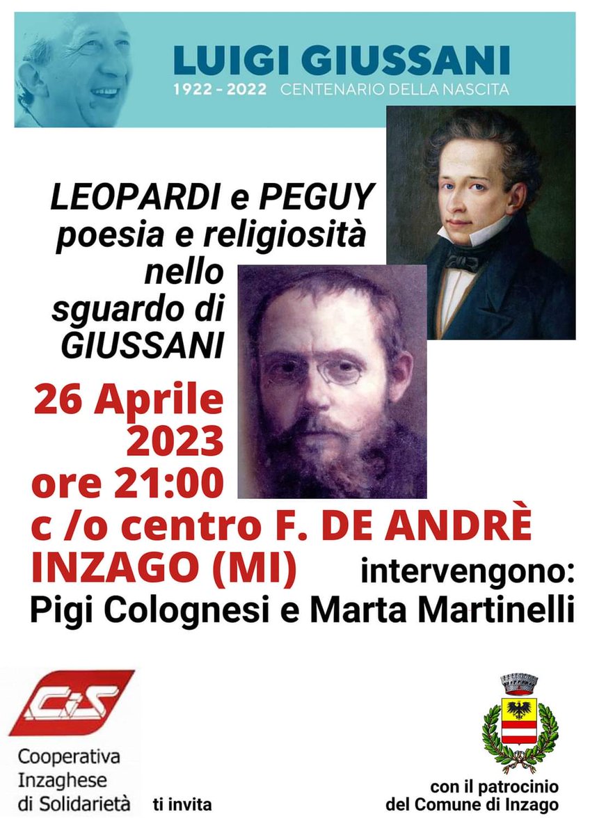 centriculturali's tweet photo. 📚 #Leopardi e #Peguy 📚
#poesia e #religiosità nello sguardo di #giussani
👉 #26aprile 🕘 h. 21
🗣️Con: #PigiColognesi e #MartaMartinelli

https://t.co/os4vEsdCZ4

@inzaghesescarlo @inzago  #inzago #giussani100 #DonGiussani #luigigiussani https://t.co/p4p6JdYQus