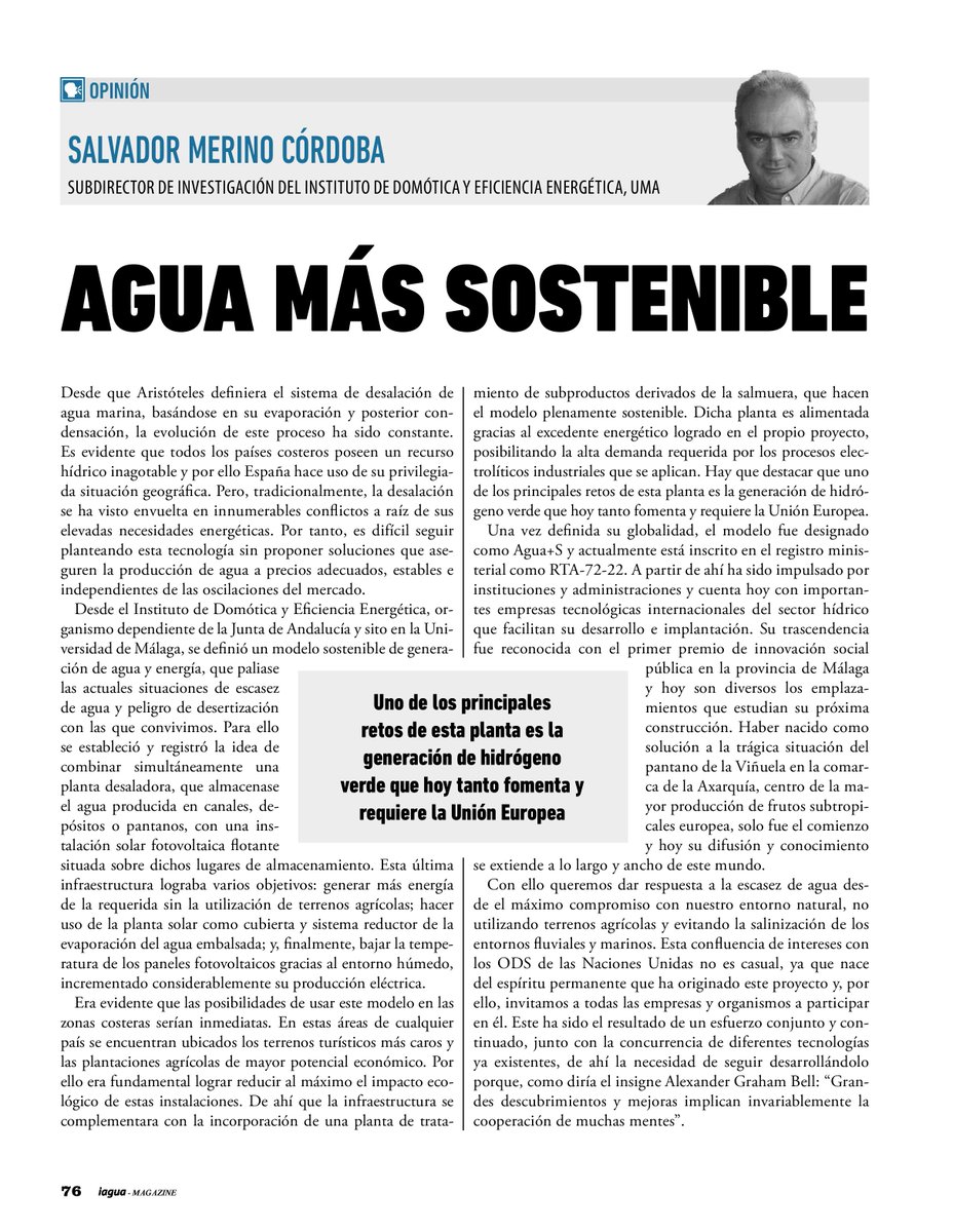 iAgua's tweet image. ✍ Salvador Merino Córdoba, escribe en #iAguaMagazine43 sobre Agua+S, un modelo sostenible para la generación de #agua y #energía que combina una planta #desaladora con una instalación solar fotovoltaica flotante.
iagua.es/blogs/salvador…
