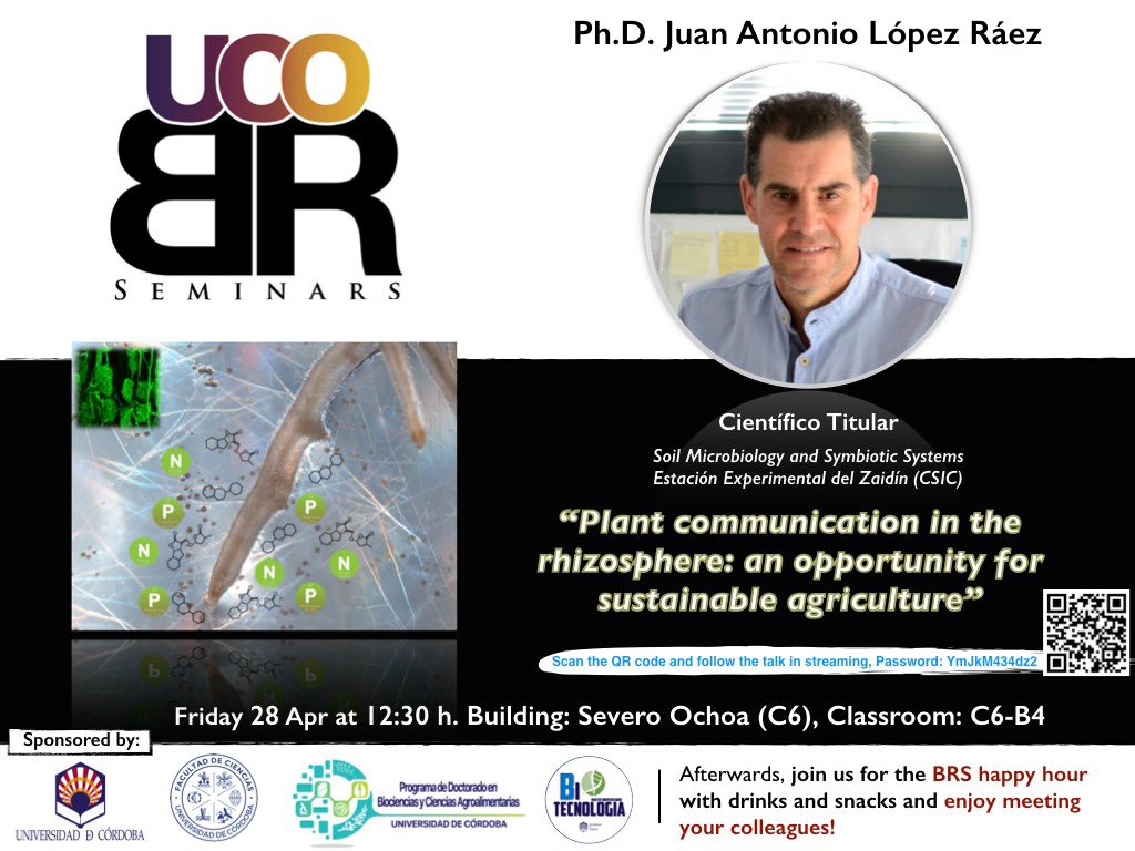 UCOBRSeminars's tweet photo. 🔊 We have Seminar this Friday✔️🔝 Dr Juan Antonio López will yalk about plant 🌱 communication in the rhizosphere! See you all at 12.30 pm &amp; then Happy Hour 🍻 @SaraZaldivarVet @TinaDomnguez @esanzluque @Fac_CienciasUCO @VeterinariaUCO @CordobaCiencia https://t.co/paGfgymLjK