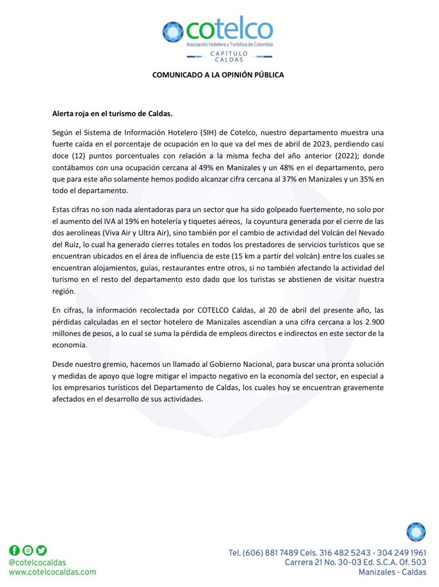 El turismo de departamento de Caldas en Alerta Roja 🚨🚨🚨🚨 <a href="/infopresidencia/">Presidencia Colombia 🇨🇴</a> <a href="/ELTIEMPO/">EL TIEMPO</a> <a href="/lapatriacom/">Periódico LA PATRIA</a> <a href="/ManizalesRCN/">RCN Radio Manizales 1.060 AM.</a> <a href="/CaracolCaldas/">Caracol Radio Caldas</a> <a href="/RevistaSemana/">Revista Semana</a> <a href="/MincomercioCo/">MinComercio Colombia</a>