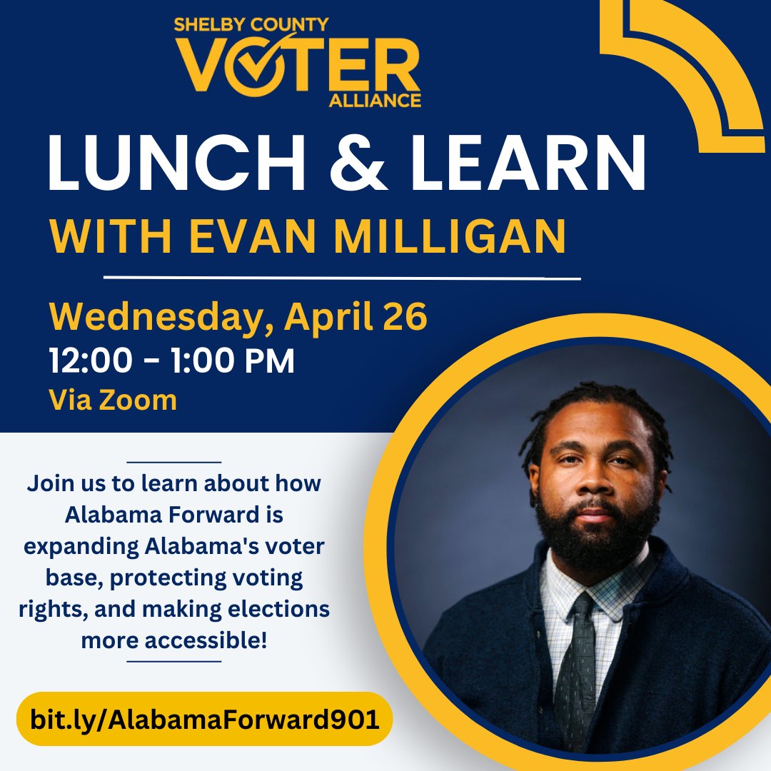 ShelbyVotes's tweet photo. LAST CHANCE TO REGISTER! Our Lunch &amp; Learn with special guest Evan Milligan is TODAY at noon. 

Evan is the plaintiff in a federal lawsuit challenging congressional district maps. His appearance is timely as Memphis wraps its first open, community-involved redistricting process. https://t.co/DbTRWlz8O4