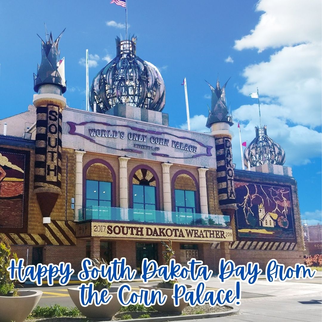 The_Corn_Palace's tweet photo. Happy National South Dakota Day from the Corn Palace! On April 26, National South Dakota Day recognizes the 40th state to join the union. #TheWorldsOnlyCornPalace #VisitMitchell #GreatFacesGreatPlacesSD https://t.co/kkE5EHzDiK