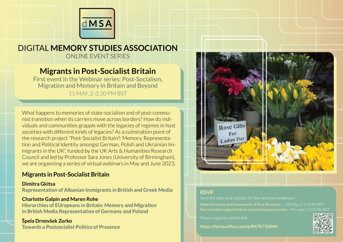 🗣️dMSA Series of Webinars: Post-Socialism, Migration and Memory in Britain and Beyond
📅11 May | 2-3:30 PM BST (Online)

🔗More information: memorystudiesassociation.org/dmsa-series-of…
❗️To sign up over Zoom: forms.office.com/e/R47K73iShW

#dMSA #memorystudies #webinar #postsocialistbritain