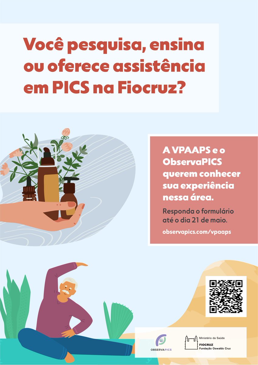 observapics's tweet photo. Trabalha na #Fiocruz e desenvolve algum projeto sobre #PráticasIntegrativasemSaúde? Participe da pesquisa do #ObservaPICS. https://t.co/vOuQ66qSbo https://t.co/5hzCChFIaS