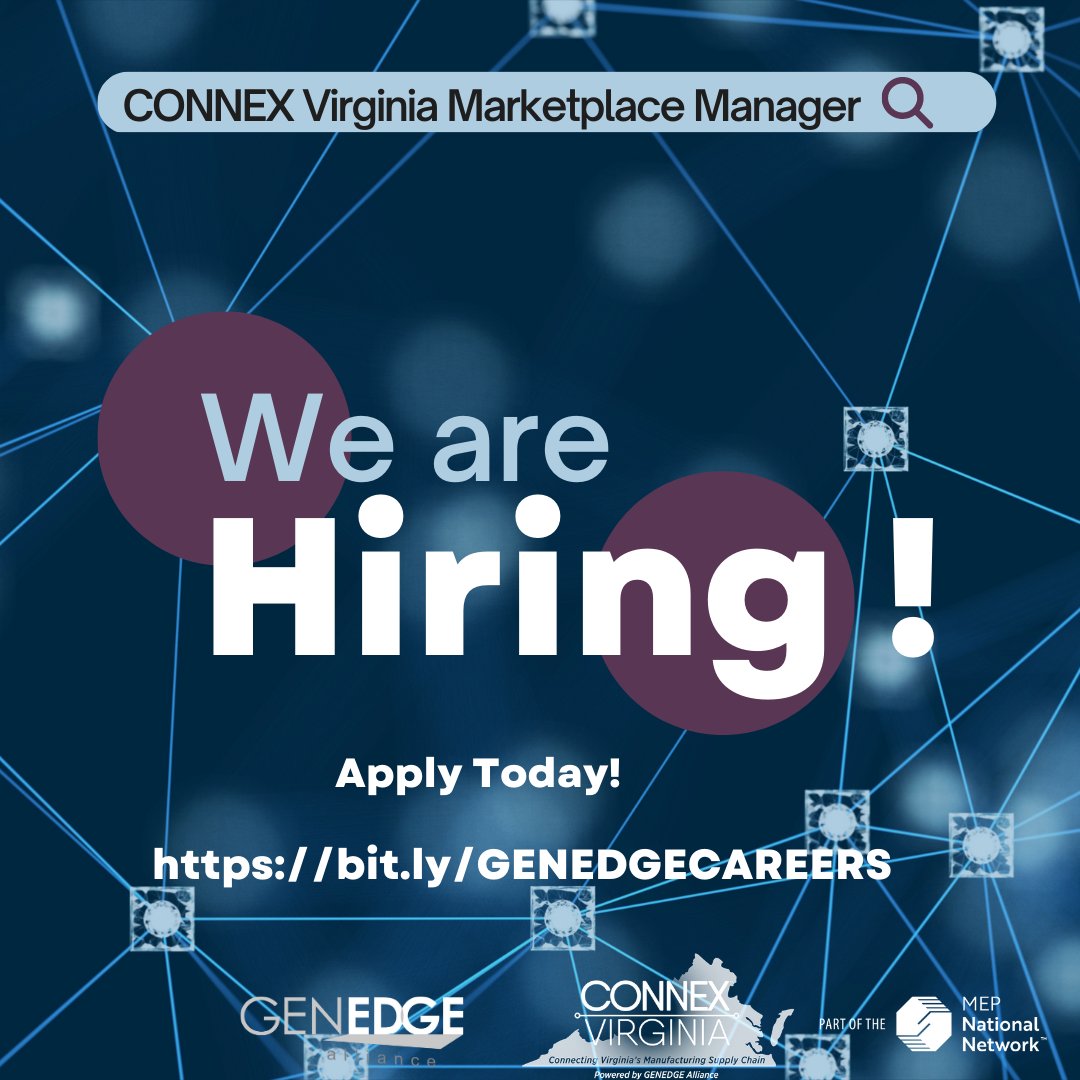 Are you a clever and organized individual interested in a career with a great organization? 

GENEDGE is hiring for a Connex Virginia Marketplace Manager; apply today! bit.ly/GENEDGECAREERS

 #ConnexVA #JobOpportunities #ComeGrowWithUs