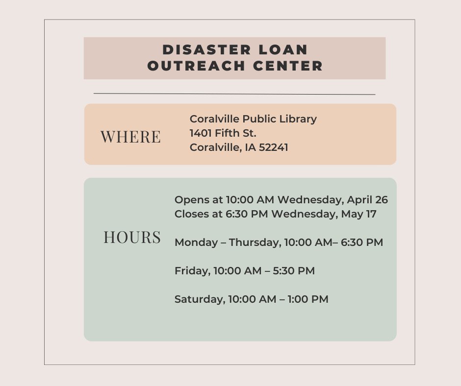 iowadhr's tweet photo. The Small Business Administration is offering assistance to businesses and residents of Benton, Cedar, Iowa, Johnson, Linn, Louisa, Muscatine and Washington counties that were affected by severe weather. SBA customer service reps will be available. No appointment necessary. https://t.co/Q5MdkotkoQ