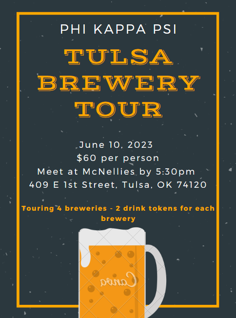 OUPhiPsiAlumni's tweet photo. The annual Tulsa Brewery Tour is almost here! Join us for food before the tour at 4:30pm. Be at McNellies by no later than 5:30pm (the first brewery tour will begin at 6:00pm). Purchase your ticket no later than May 29.
Payment: Venmo Kyle Scott: @ Kyle-Scott-55 https://t.co/dRYfrTqnKj