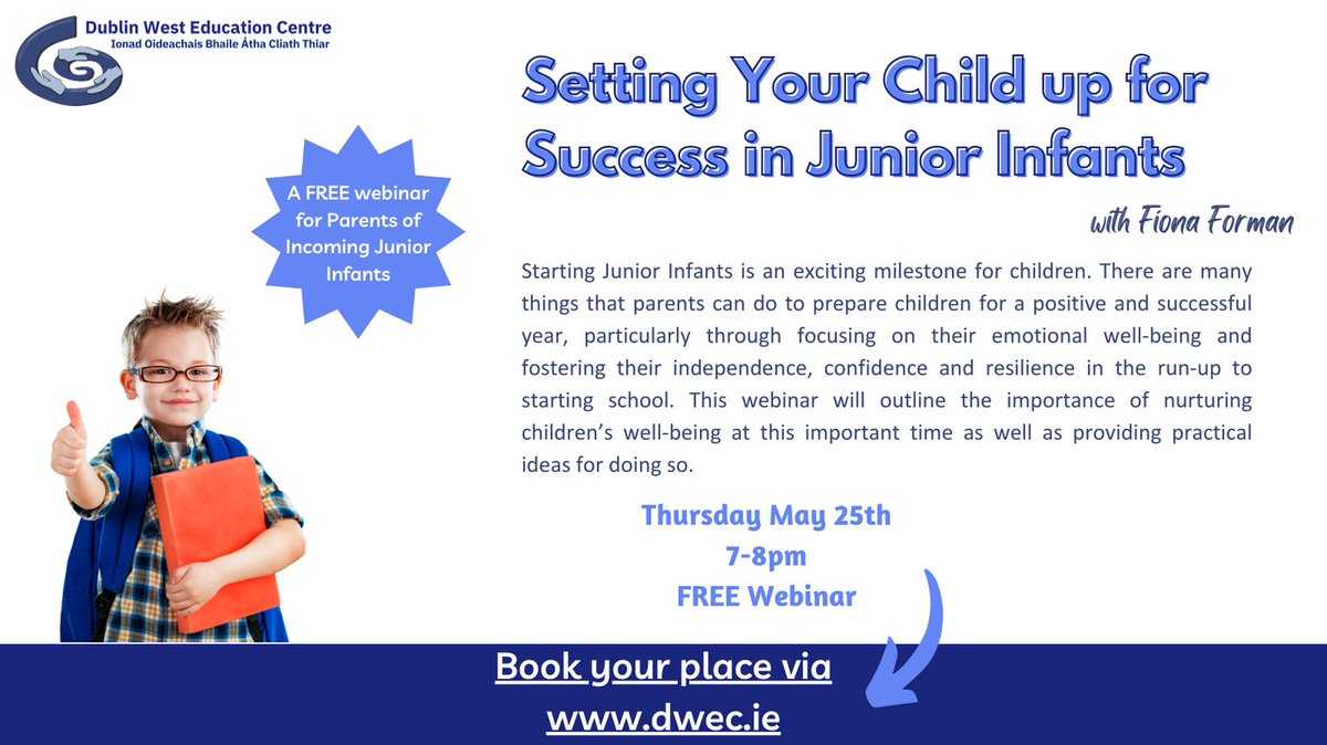 DublinWestEC's tweet photo. Are you a parent of a child going into Junior Infants? Join this FREE webinar with @FionaWellBeing and learn how to set your child up for success!
Register your place: https://t.co/ZxQps9Khp2
#primaryschools #primaryteachers #juniorinfants #webinarsforparents #freewebinars https://t.co/Wddh7HlRp2
