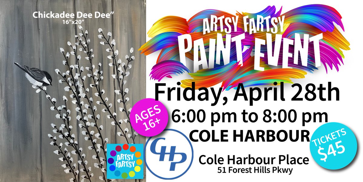 ArtsyFartsy_ca's tweet photo. Grab your tickets! We’re in Cole Harbour Place this Friday evening! Don't miss your opportunity to paint this cute little chickadee Absolutely no experience necessary!
https://t.co/arDtNmqOC9

#artsyfartsy #diptapsqueezespank #supportlocal #coleharbour https://t.co/Njw9KeJ95R