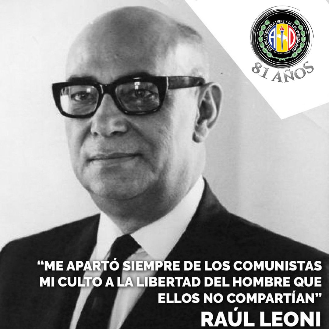 #26Abr | Conmemoramos el natalicio de Raúl Leoni, fundador de AD y presidente de Venezuela (1964-1969). Leoni fue un demócrata irrefutable, promotor de la unidad y del buen gobierno para todos por igual.

Hoy los adecos recordamos su campaña histórica: "Por tu blanca, vota negra"