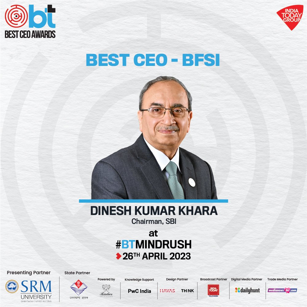 business_today's tweet photo. #BTBestCEOAwards | SBI (@TheOfficialSBI) Chairman Dinesh Kumar Khara wins Best CEO- BFSI and is felicitated by Union Minister Jyotiraditya Scindia (@JM_Scindia) and @IndiaToday Group Chairman Aroon Purie (@aroonpurie)

Watch LIVE: https://t.co/gzXEJt2Mo1

#BTMINDRUSH | @SRM_Univ @DIPR_UK @radicokhaitan @PwC_IN @thinkdotdesign @IndiaToday @DailyhuntApp @Medianews4u