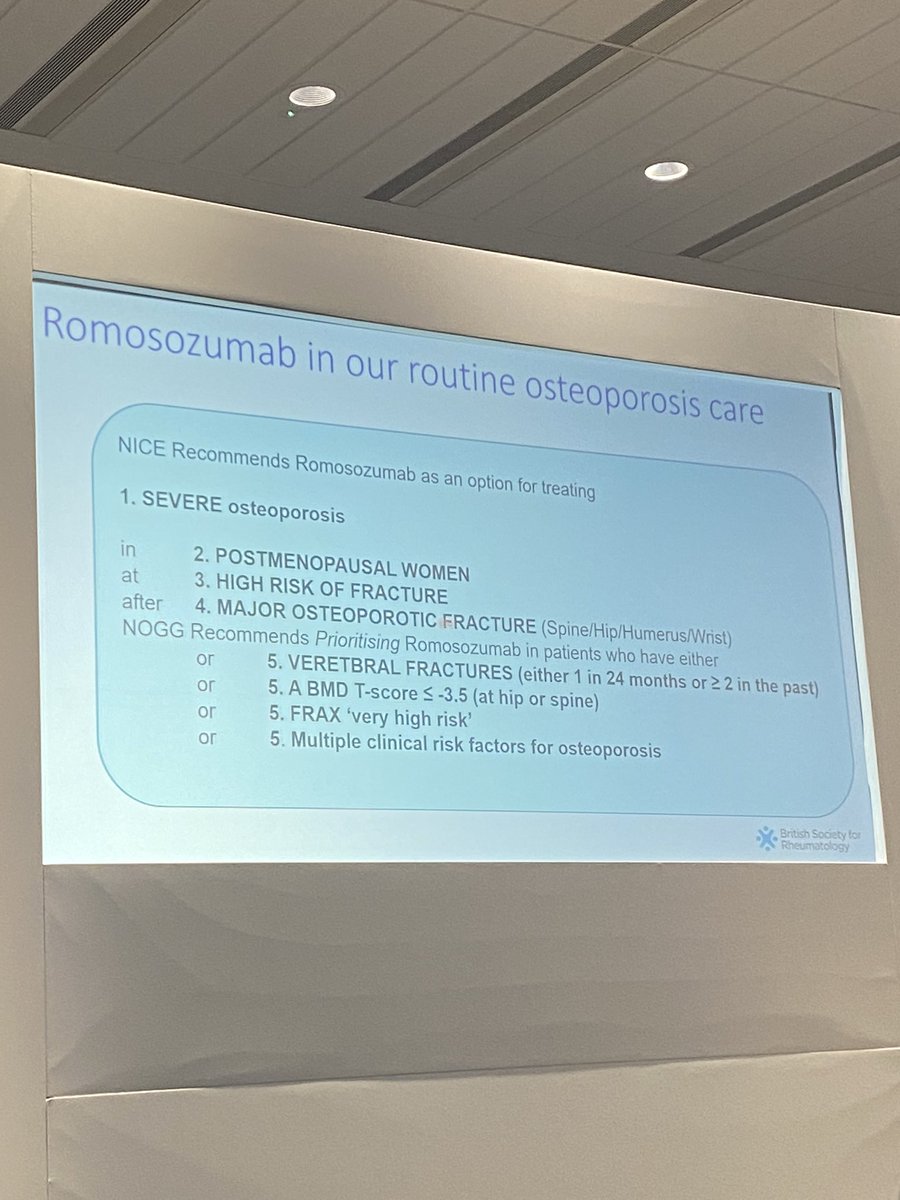 WatersLisaE's tweet photo. Romosozumab- who to treat? Helpful slide with #NICE recommendations followed by #NOGG guidance on who to prioritise #BSR23 https://t.co/aLzRjg93KH