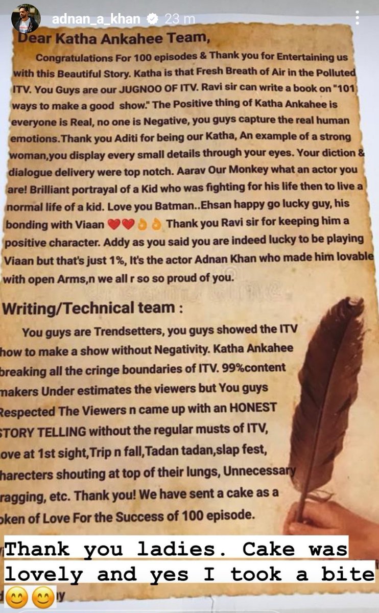 Nivi21761400's tweet photo. Small Token of love From Adnan's Army to #KathaAnkahee Team for completing 100 epis n giving us the Best Show @adnan_abkhan @Aditidevsharma @Ravi_bhushan Hope you all liked it..
#AdnansArmy
@Sha__Anu @Pri_Creation @neena_deshmukh @vibhaaa90 @267Manu https://t.co/GxBT0Oq0bz