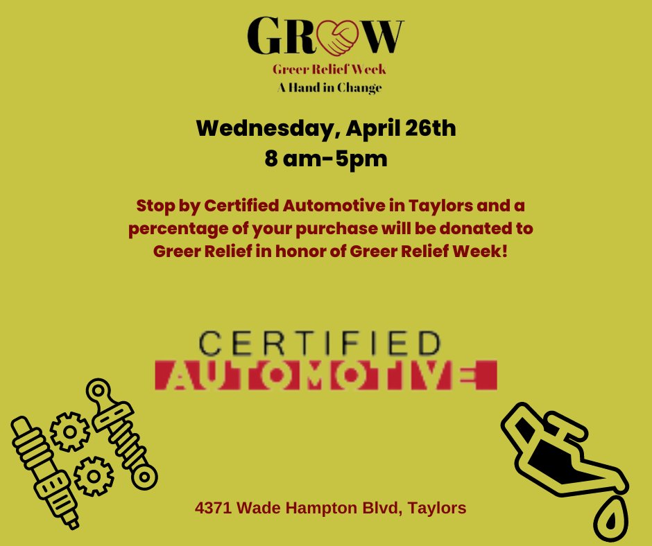 GreerRelief's tweet photo. Be sure to stop by Certified Automotive to help support Greer Relief Week! All day today they are hosting a percentage day in honor of Greer Relief Week.
.
.
.
#GreerReliefWeek #GreerRelief #onecommunity #NeighborsInNeed #AHandInChange #GreerSC https://t.co/qKkqpliklE