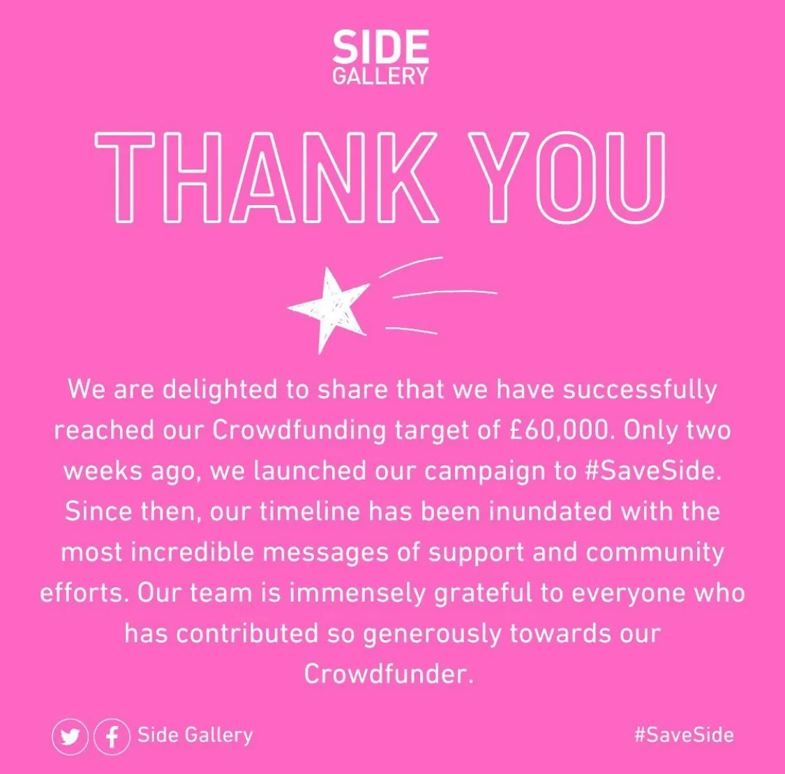 ffotogallery (@ffotogallery) on Twitter photo We are relieved to see that <a href="/SideGallery/">Side Gallery</a> has reached their initial crowdfunding target which will ensure that they are safe until December, but you can still donate online to help them reach their stretch target. Read more about how donations are spent, and help #SaveSide 📷 🖼️ We are relieved to see that <a href="/SideGallery/">Side Gallery</a> has reached their initial crowdfunding target which will ensure that they are safe until December, but you can still donate online to help them reach their stretch target. Read more about how donations are spent, and help #SaveSide 📷 🖼️