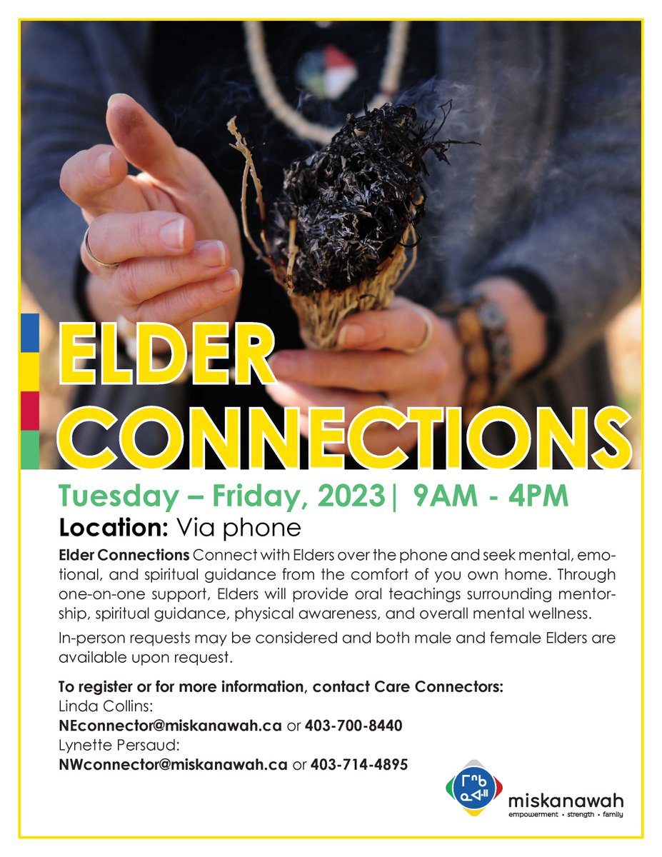 Miskanawah's tweet photo. ELDER CONNECTIONS
Tues-Fri 9AM-4PM
Location: Via phone
Connect with Elders over the phone &amp; seek mental, emotional, and spiritual guidance from the comfort of you own home.
#miskanawah #yyc #yyclove #connections #elders https://t.co/ighTB7jJ1X