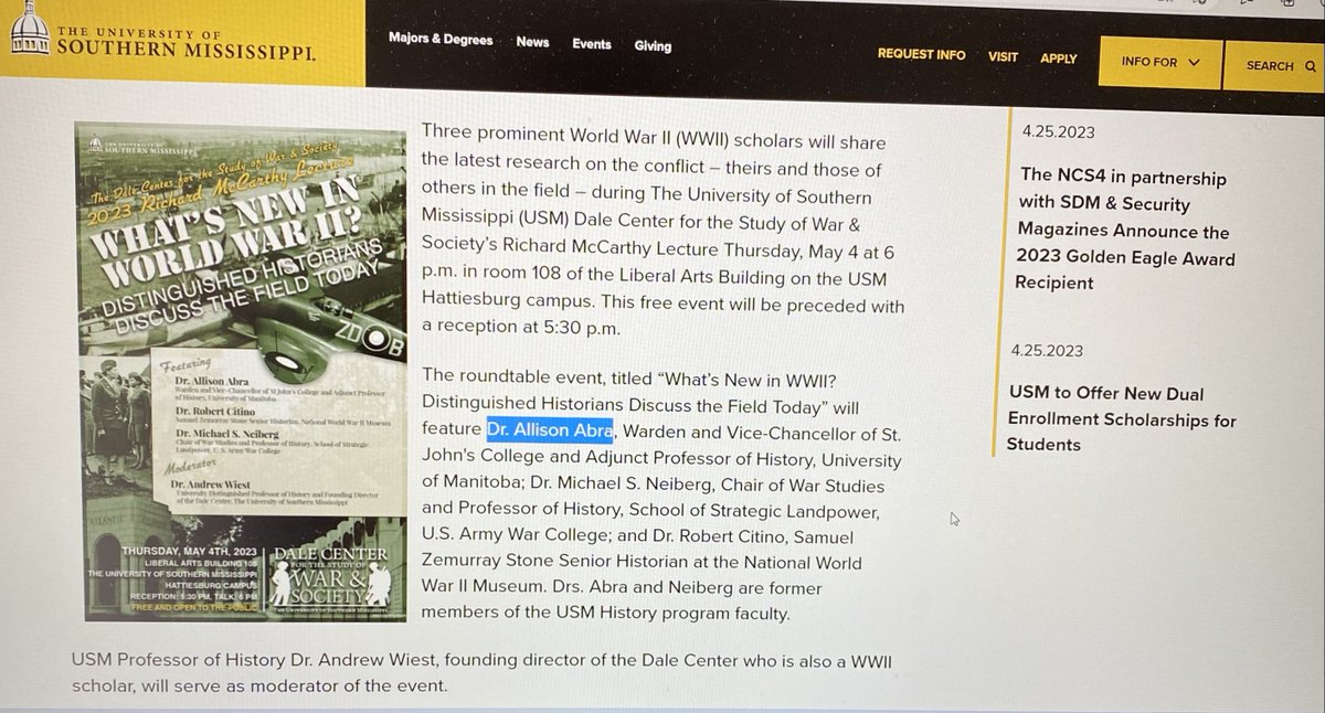 5/14, our Warden <a href="/AllisonAbra/">Allison Abra</a> 'll participate in a roundtable of WWII leading historians to discuss the latest scholarship in the field, hosted by the Dale Center for the Study of War &amp; Society. Link: usm.edu/news/2023/rele…
<a href="/DaleCenter/">Dale Center</a> <a href="/HistoryatUSM/">USM History Dept</a> <a href="/UM_HistoryDept/">UM_HistoryDept</a> <a href="/umanitoba/">University of Manitoba</a>