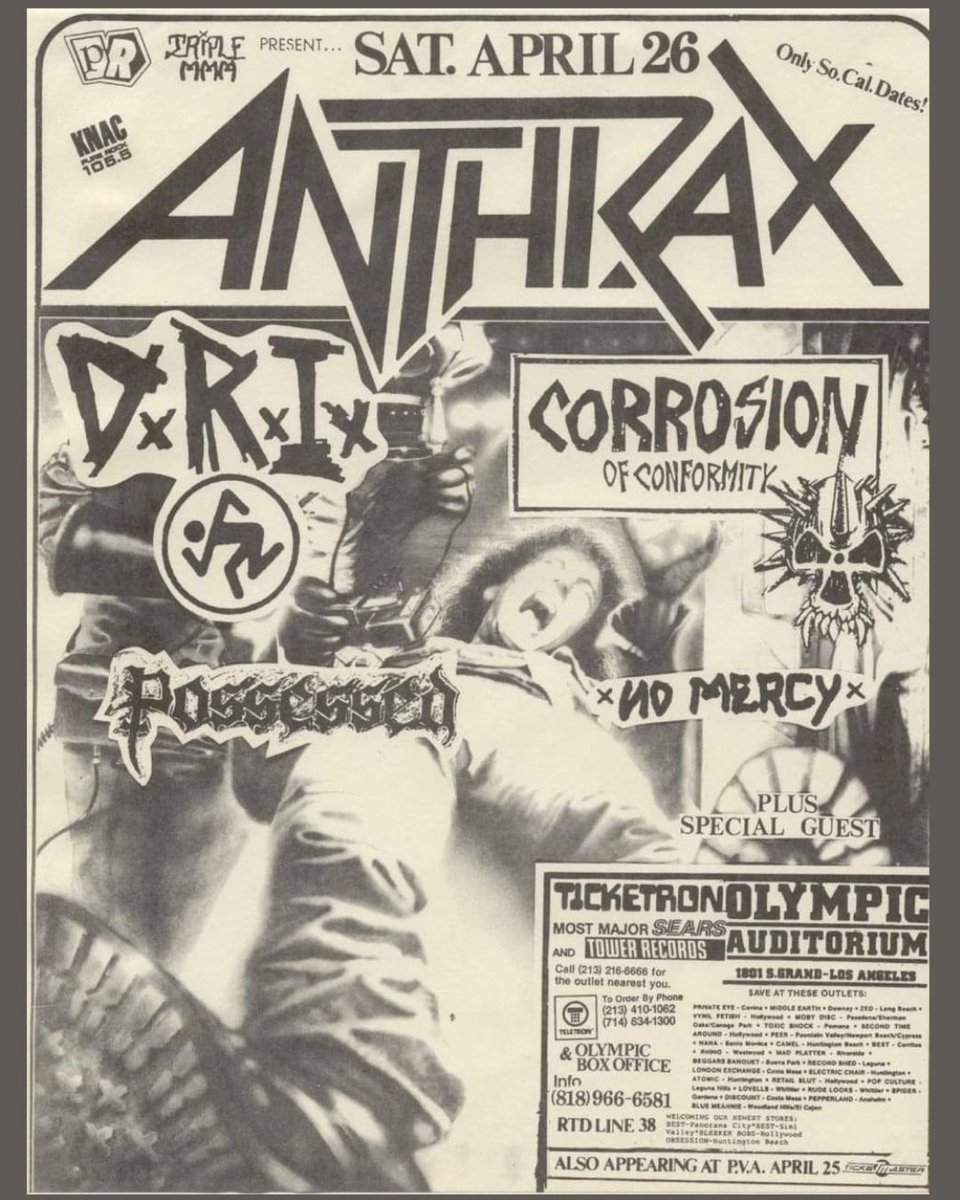 On this date in 1986 #ANTHRAX, #DRI, #CorrosionOfConformity, #POSSESSED and #NoMercy played The #OlympicAuditorium in Los Angeles, CA
#PunkRockTours