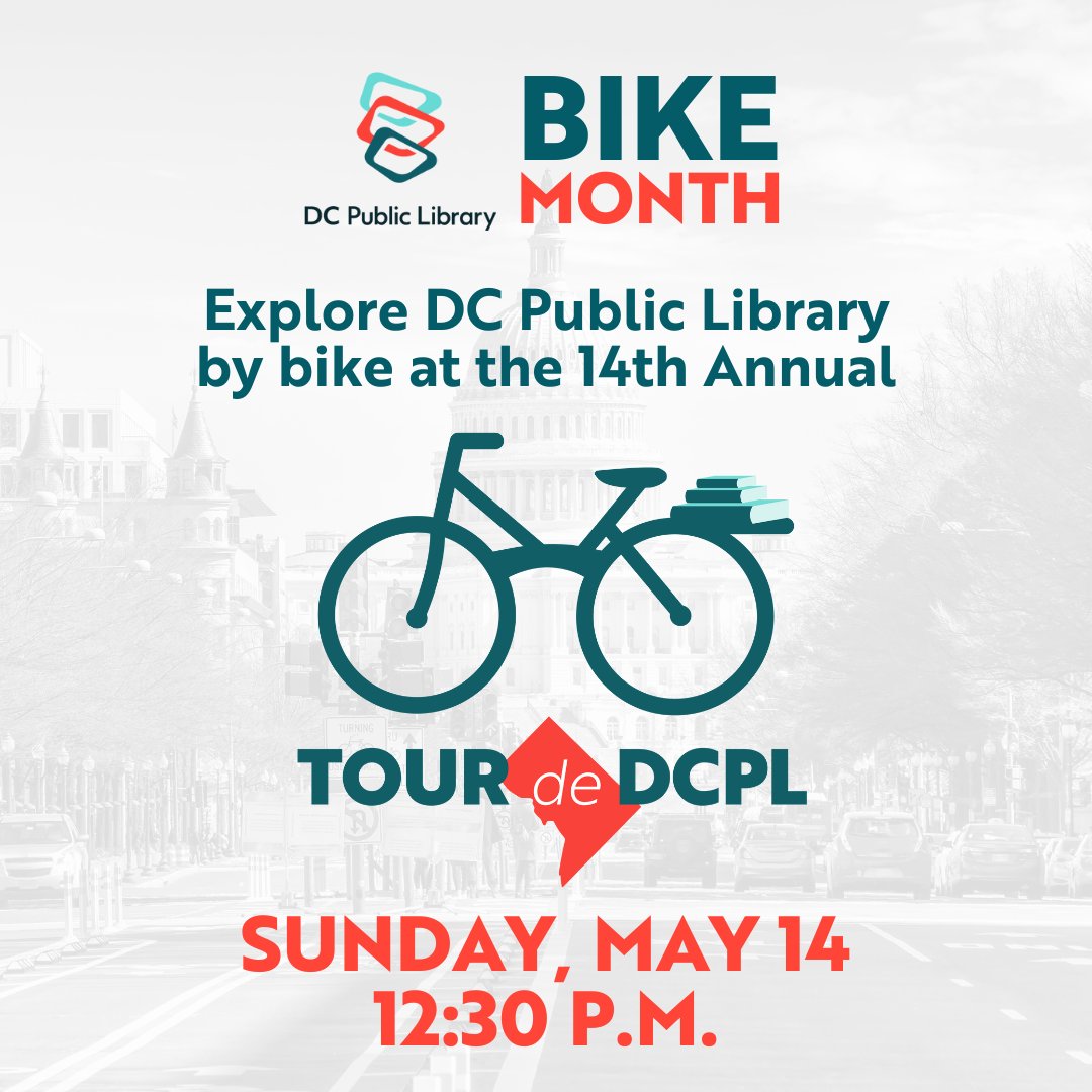 dcpl's tweet image. Come celebrate reading and biking as a community with Tour de DCPL! 

📅Sunday, May 14  
⏰12:30PM  
🚲#BikeMonth   

Sign up &amp;amp; route: dclibrary.libnet.info/event/8364436