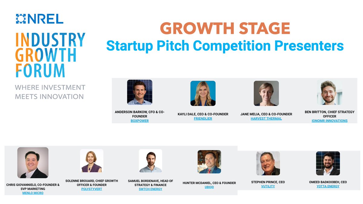 📣Introducing the growth stage presenters at our sold-out <a href="/NREL/">NREL</a> Industry Growth Forum: <a href="/be_friendlier/">Friendlier</a>  <a href="/boxpowersystems/">BoxPower</a> <a href="/harvest_thermal/">Harvest</a> <a href="/Ionomr/">IonomrInc</a> <a href="/MenloMicro/">Menlo Micro</a>,  Polystyvert, <a href="/swtchenergy/">SWTCH</a>, <a href="/UbiQD/">UbiQD</a>, <a href="/try_vutility/">Vutility, Inc.</a>, <a href="/yottaenergy/">@YottaEnergy</a> bit.ly/41sp1Y5 #NRELIGF #InnovateNREL #Cleantech