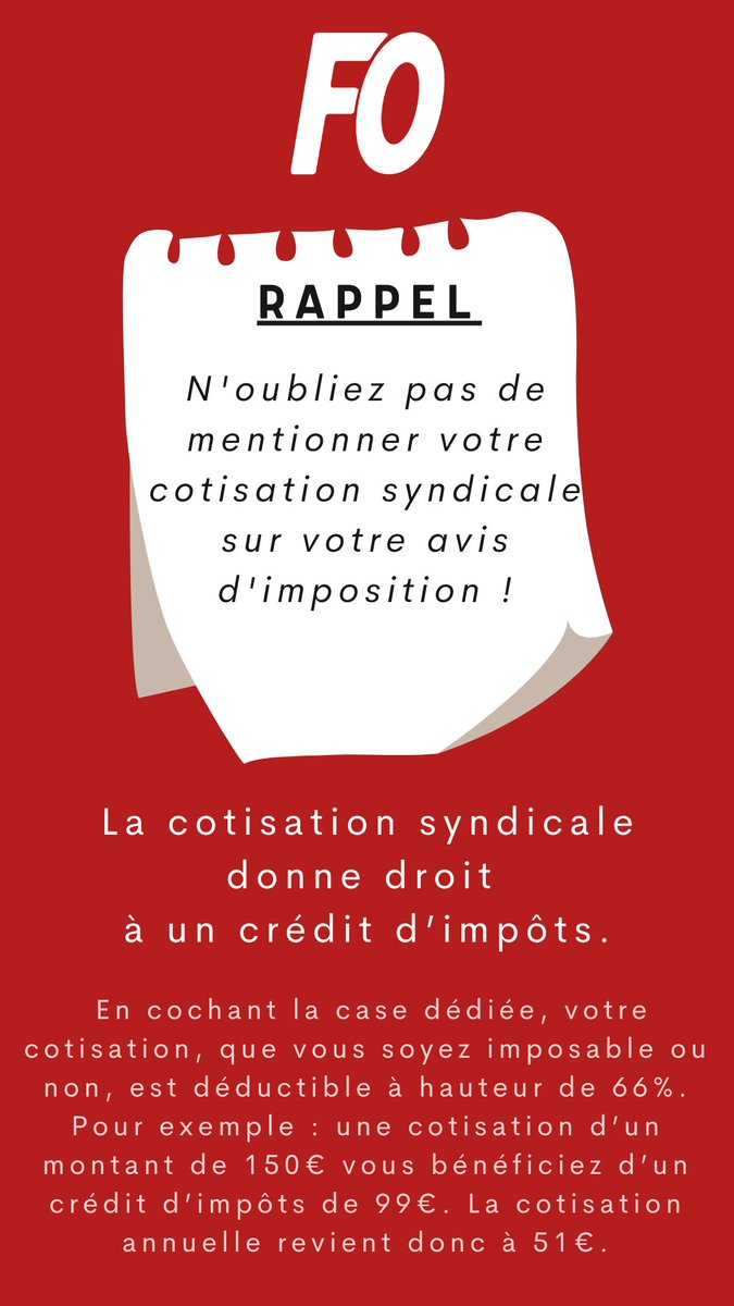 Rappel : n'oubliez pas de mentionner votre cotisation syndicale sur votre avis d'imposition !
La cotisation syndicale donne droit à un crédit d'impôts ⬇️ 
#impôts #CotisationSyndicale
