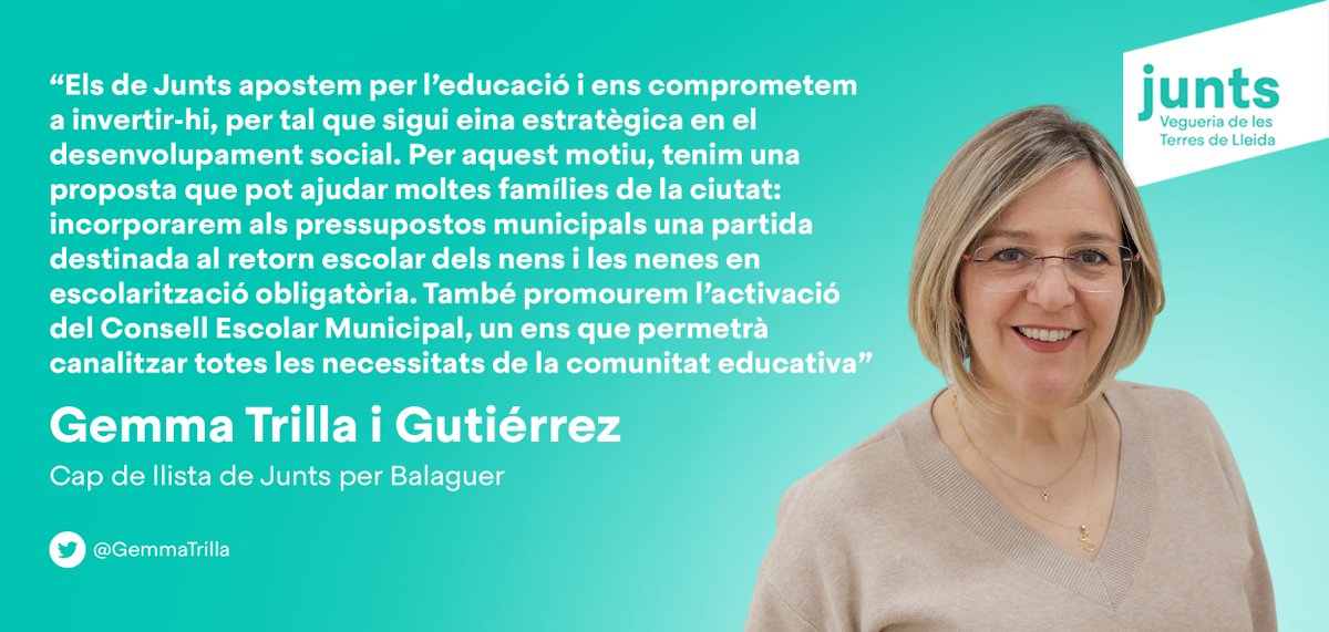 Junts Per Catalunya Terres de Lleida (@jxcattdlleida) on Twitter photo ✍️Us recomanem que llegiu l'article de la cap de llista de <a href="/JuntsxBalaguer/">Junts per Balaguer</a>, <a href="/GemmaTrilla/">Gemma Trilla 🎗</a>, en línia a <a href="/NacioLleida/">NacióLleida</a> 
🗣️Gemma Trilla: "Volem que les coses es facin bé, i comencem posant al davant de tot el que és més important: les persones"
📲L'article: naciodigital.cat/lleida/opinio/… ✍️Us recomanem que llegiu l'article de la cap de llista de <a href="/JuntsxBalaguer/">Junts per Balaguer</a>, <a href="/GemmaTrilla/">Gemma Trilla 🎗</a>, en línia a <a href="/NacioLleida/">NacióLleida</a> 
🗣️Gemma Trilla: "Volem que les coses es facin bé, i comencem posant al davant de tot el que és més important: les persones"
📲L'article: naciodigital.cat/lleida/opinio/…