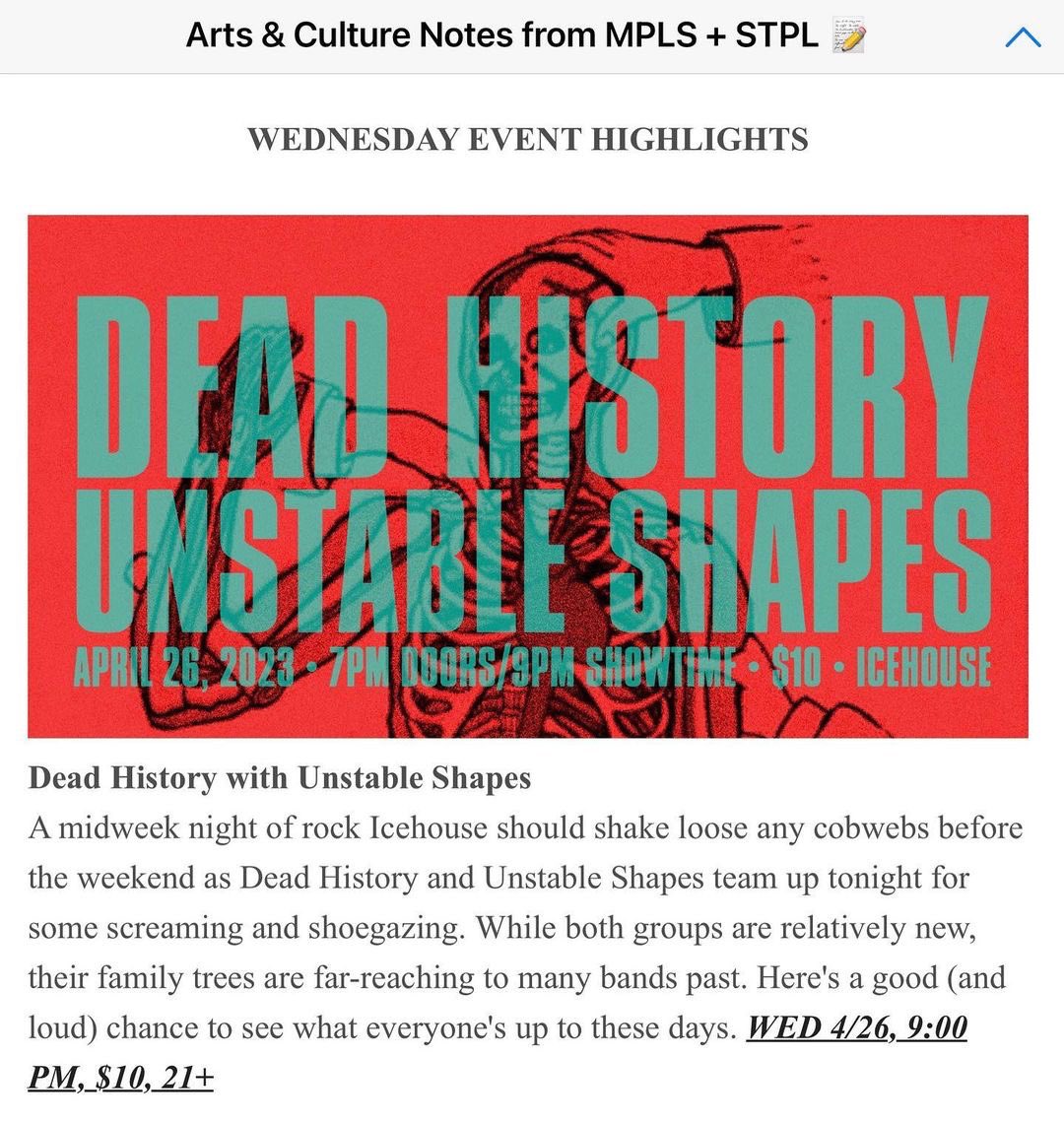 Thx to <a href="/DISPATCHmsp/">DISPATCH</a> for the kind write-up for tonight’s <a href="/deadhistoryband/">Dead History</a> + <a href="/unstableshapes/">unstableshapes</a> show at <a href="/icehousempls/">icehousempls</a>. Best bet to get your 🧦 rocked on a Wednesday, jams commence at 9pm!