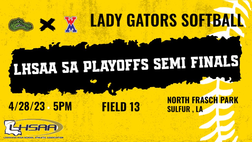 GOOD LUCK TO THE LADY GATOR SOFTBALL TEAM AS THEY TRAVEL TO SULPHUR TO TAKE ON THE LADY REBELS OF WEST MONROE.   BRING BACK THAT STAte TITLE!!!!