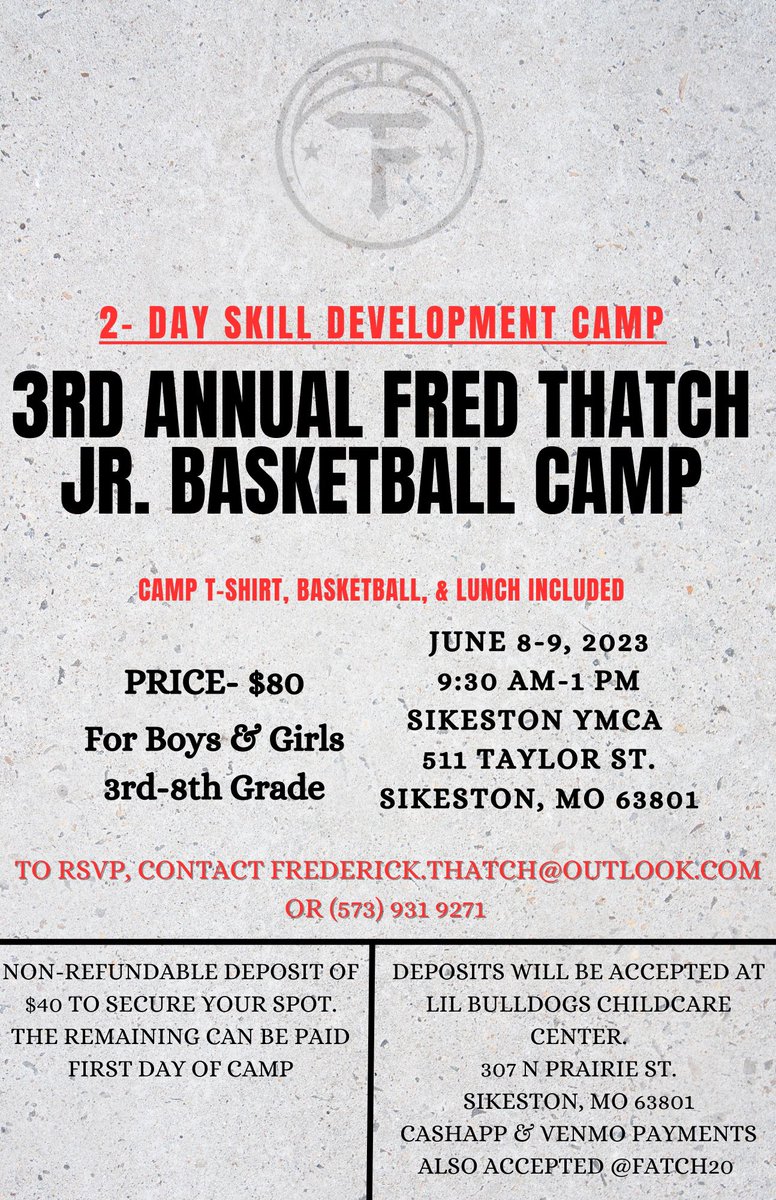 FredThatchJr's tweet image. I'm excited to announce the 3rd Annual Fred Thatch JR. Basketball camp! If any children are interested in attending but cannot afford it, please send me a message via inbox or email. Additionally, if anyone would like to donate to sponsor a child's attendance, please contact me!