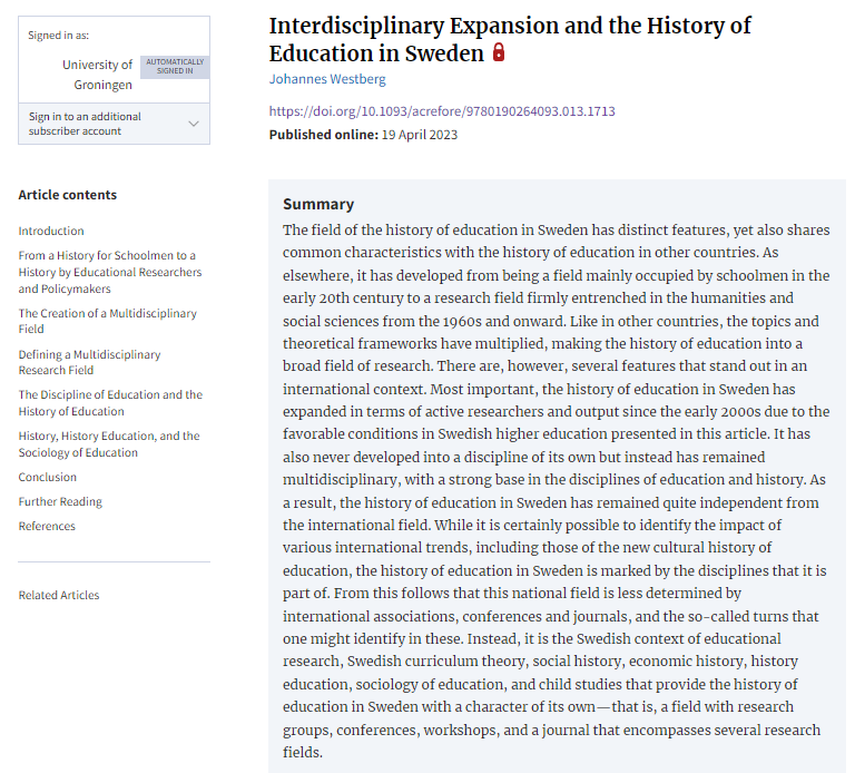 Do you want to know more about #histed in Sweden, its stand out features, and why it has expanded for the last two decades? Take a look at my contribution in Oxford Research Encyclopedia of Education, doi.org/10.1093/acrefo…