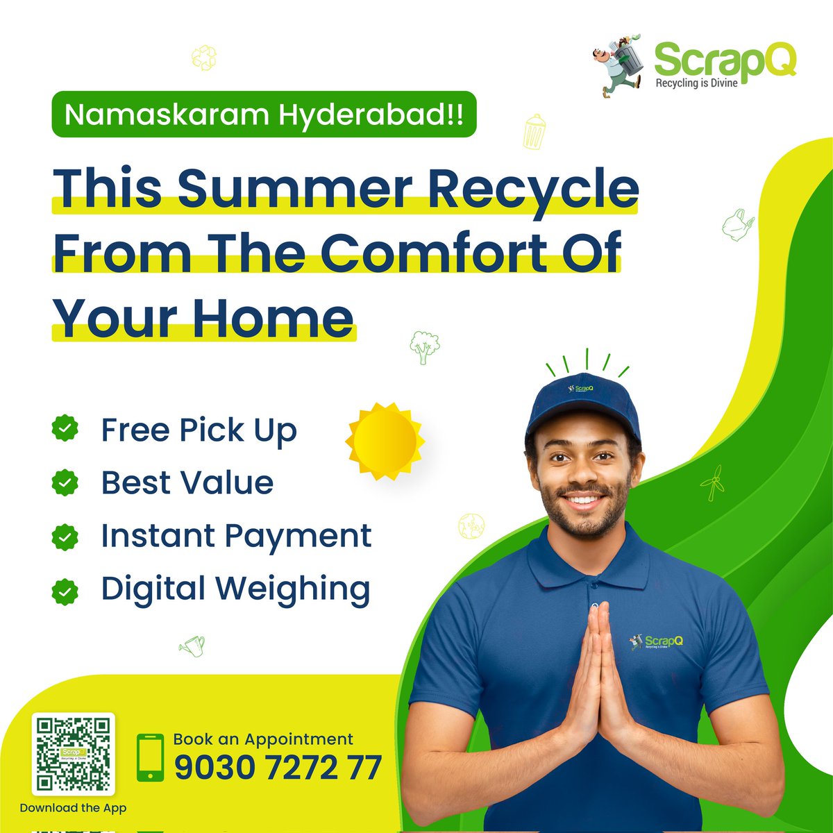ScrapQ_recycle's tweet photo. Sell your recyclables from the comfort of your home without a sweat 😅☀️

ScrapQ is Hyderabad's best recycling company, making scrap selling extremely hassle-free.

Simply pick up your phone, dial +91-9030727277, schedule a date &amp; time that's feasible to you, and THAT'S IT! https://t.co/TUSYu5xHW2