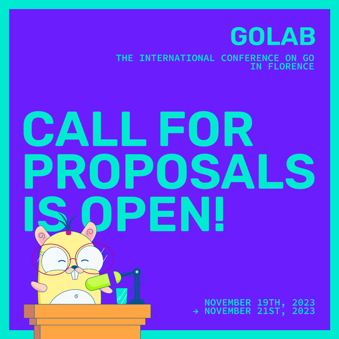 Open Source Italia (@open_source_ita) on Twitter photo RT @golab@mastodon.uno
📢 The Call for Proposals for #Golab2023 is officially open! 🤩
Send your proposal here👉 golab.io/call-for-propo…
#cfp #Golab #Golang
mastodon.uno/@golab/1102658… RT @golab@mastodon.uno
📢 The Call for Proposals for #Golab2023 is officially open! 🤩
Send your proposal here👉 golab.io/call-for-propo…
#cfp #Golab #Golang
mastodon.uno/@golab/1102658…
