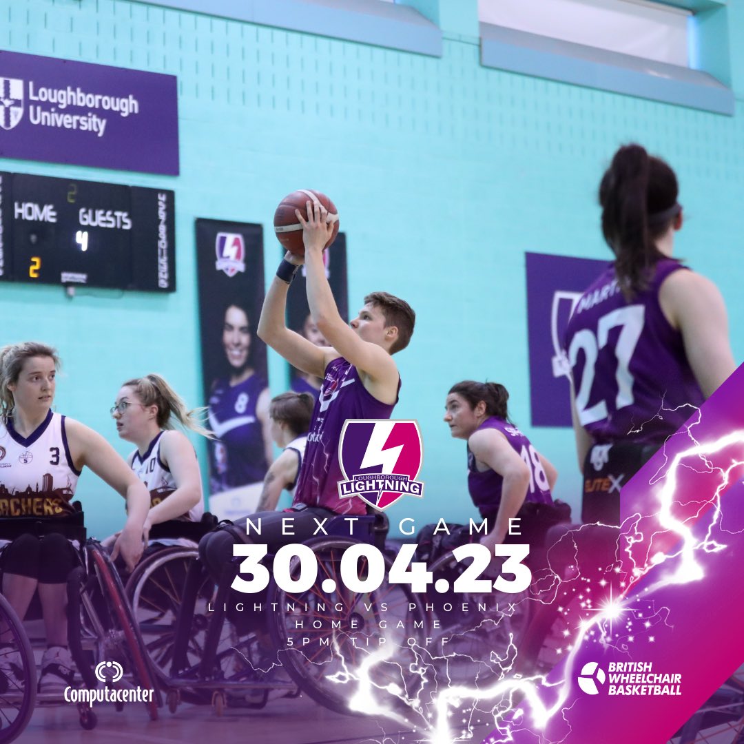 It’s our last home game of the season @BritWheelBBall’s Womens Premier League this Sunday! We face @EastLDNPhoenix at 5pm this Sunday afternoon 🏀 🚪Doors open from 4pm 📍Netball and Badminton Centre 📆Sunday 30th April Get your tickets here linktr.ee/lightningwbbl?…