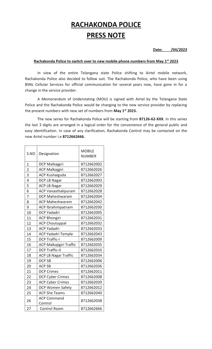 MalkajgiriCop's tweet photo. #RachakondaPolice to switch over to new #mobile numbers from May 1st, 2023.

@DcpMalkajgiri @DCPLBNagar @DcpBhongir @DCPMaheshwaram @Rachakonda_tfc @sheteams_rck @RKSC_Rachakonda https://t.co/gmhSZFsvj7