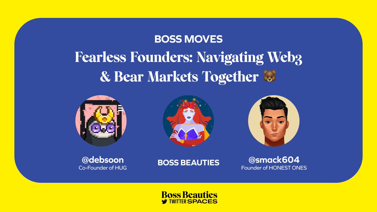 See you later, BBs 🚀 We’ve got a great Twitter Space for you today at 5pm ET with <a href="/debsoon/">Debbie Soon</a> from @thehugxyz and <a href="/smack604/">smack604.eth🔮 💛</a> from <a href="/HonestOnesNFT/">Honest Ones (SOLD OUT)</a>  🐻 

x.com/i/spaces/1OdKr…