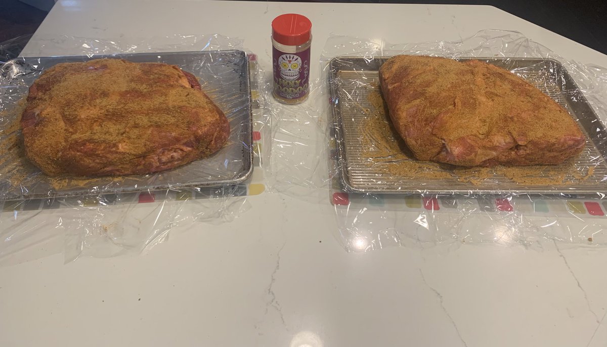 bobjoseph8301's tweet photo. Trimmed, rubbed, wrapped. Ready to go in the morning! @MeatChurch #HolyVoodoo ๐ฅด https://t.co/mvnIX4hcxt