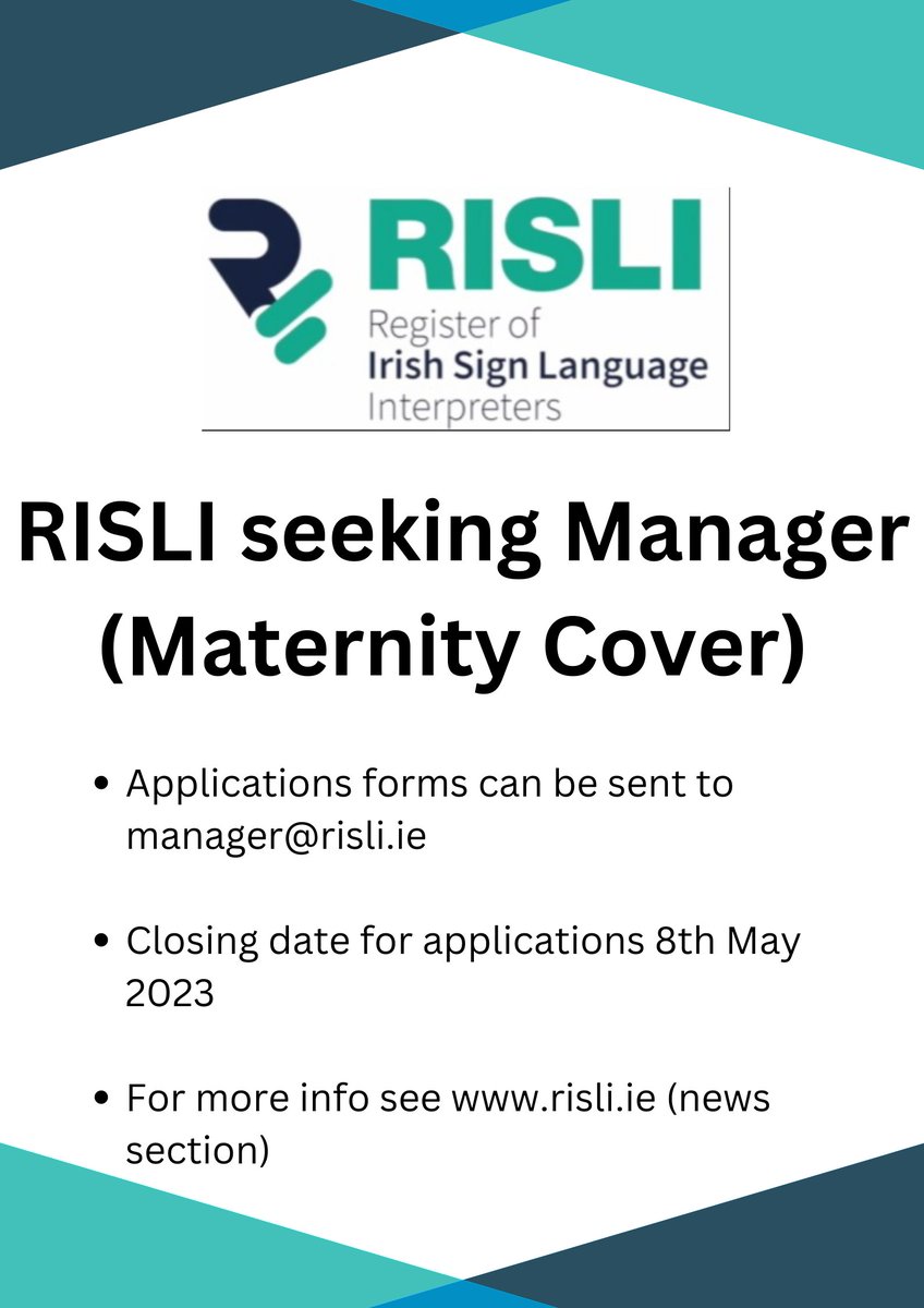 RISLI (@registerisli) on Twitter photo We're hiring!
#NewManager (maternity cover) closing date 8th May 2023.
See link below to apply.
risli.ie/risli-seeking-…
<a href="/cisli_ireland/">CISLI</a> <a href="/IrishDeafSoc/">Irish Deaf Society</a>
<a href="/SLIS_Ireland/">Sign Language Interpreting Services - SLIS Ireland</a> <a href="/citizensinfo/">citizensinfo</a>
<a href="/studies_centre/">Centre for Deaf Studies</a> <a href="/tcddublin/">Trinity College Dublin</a> We're hiring!
#NewManager (maternity cover) closing date 8th May 2023.
See link below to apply.
risli.ie/risli-seeking-…
<a href="/cisli_ireland/">CISLI</a> <a href="/IrishDeafSoc/">Irish Deaf Society</a>
<a href="/SLIS_Ireland/">Sign Language Interpreting Services - SLIS Ireland</a> <a href="/citizensinfo/">citizensinfo</a>
<a href="/studies_centre/">Centre for Deaf Studies</a> <a href="/tcddublin/">Trinity College Dublin</a>