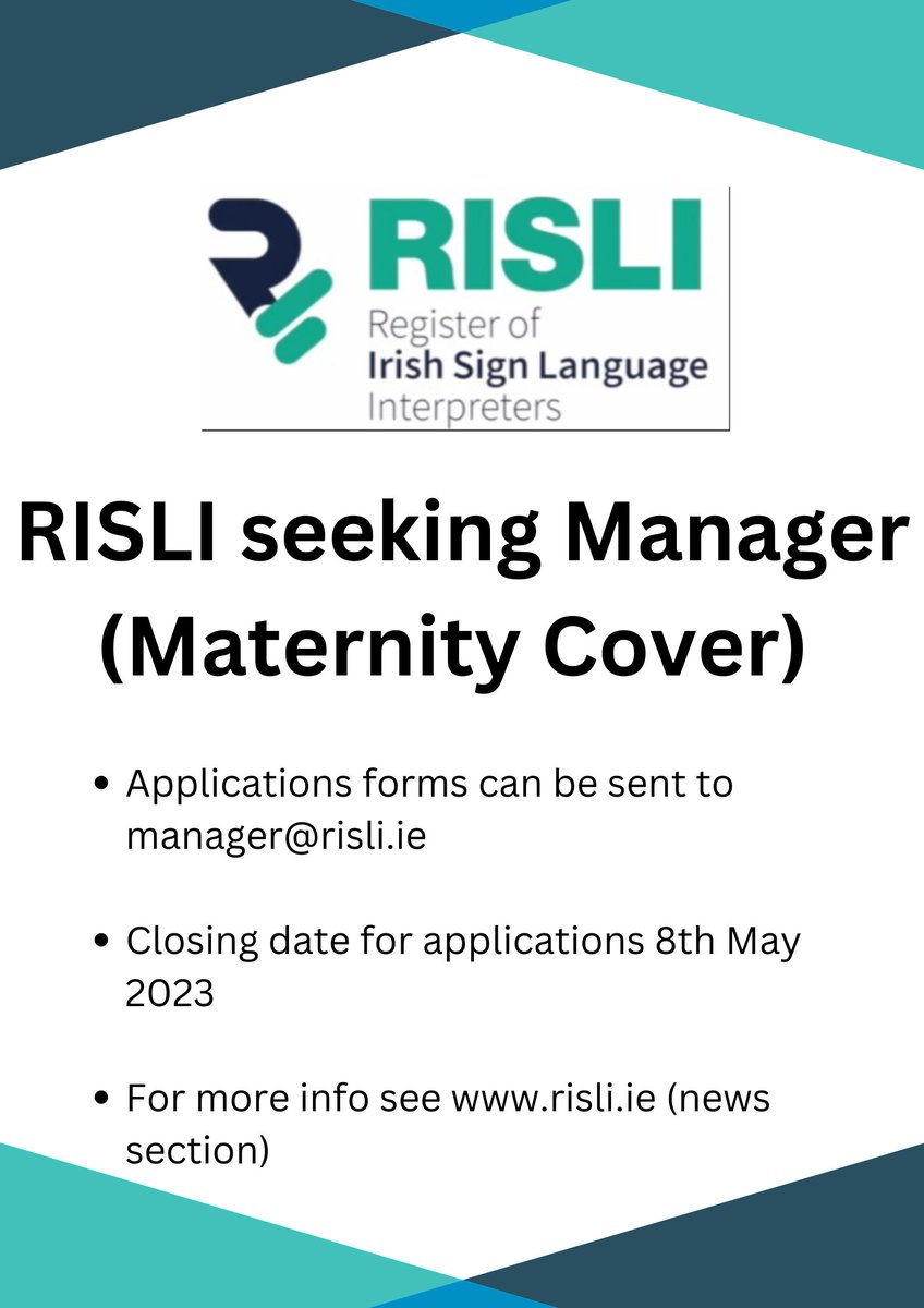 We're hiring! #NewManager (maternity cover) closing date 8th May 2023. See link below to apply. risli.ie/risli-seeking-… @cisli_ireland @IrishDeafSoc @SLIS_Ireland @citizensinfo @studies_centre @tcddublin