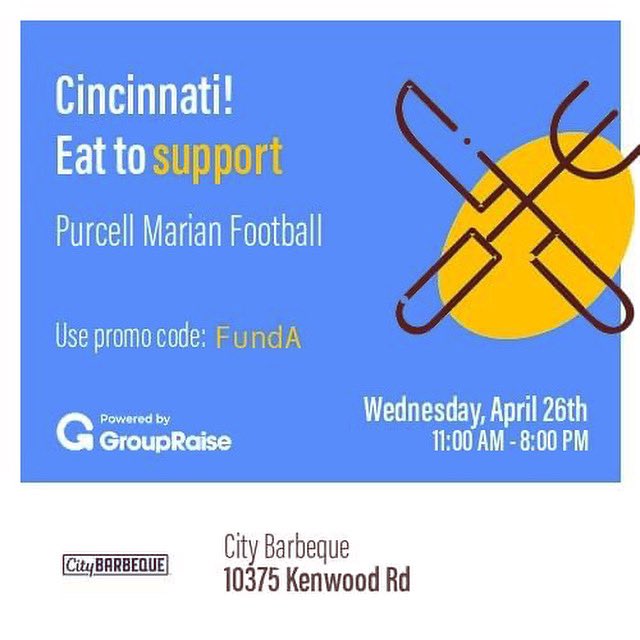 TODAY is our first day of food & drinks fundraising for the Onward Cavs Tour at City BBQ in Blue Ash. Just mention that you are here for the Purcell Marian Football fundraiser!!!! Starts at lunch time today 11am and goes until 8pm! 
groupraise.com/events/250969
#OnwardCavs #groupraise