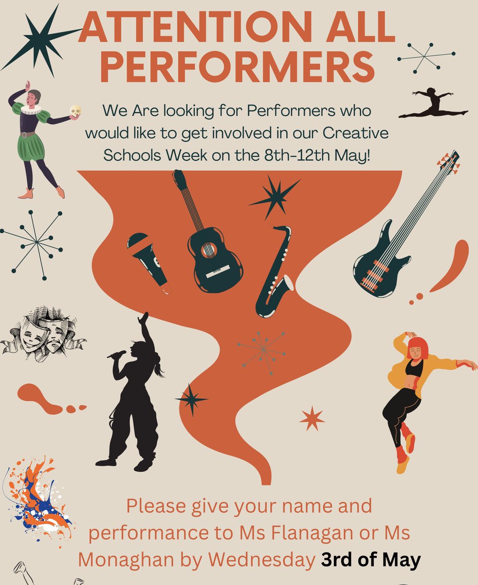 Skerries_CC's tweet photo. Attention all performers!!! Creative schools week is on the 8th -12th of May and we would like to recruit students who might be interested in getting involved. Maybe you have a unique skill or talent? Let us know! #creativeschools #findyourcreativity @DDLETBColleges @ddletb https://t.co/11RQr60Zo3