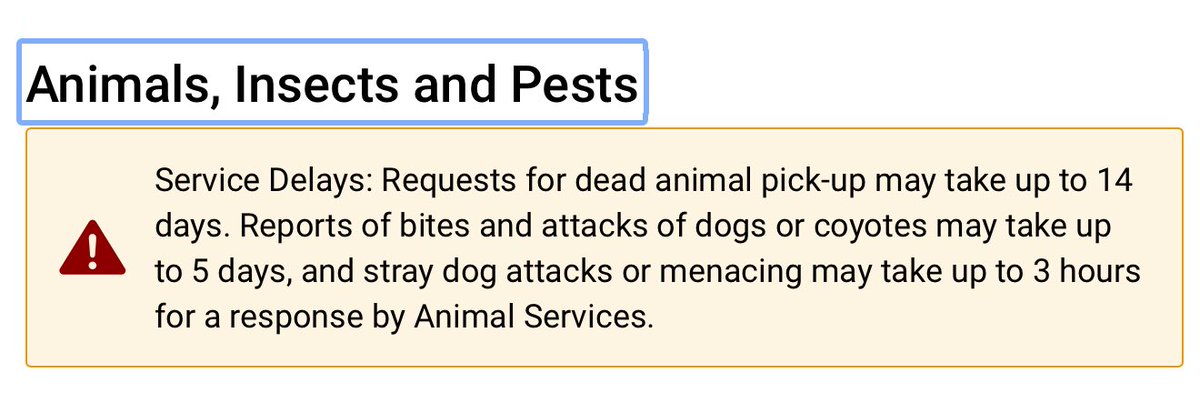 GraphicMatt's tweet photo. Love this notice on Toronto’s 311 site. 

Animal corpse? May need to let it sit for two weeks.

Bitten by a coyote? It could be about five days.

Stray dog menacing you and attacking your neighbours? Could take three hours. Can you and the angry dog wait? https://t.co/RCSWyav7il https://t.co/9Am2e12l27
