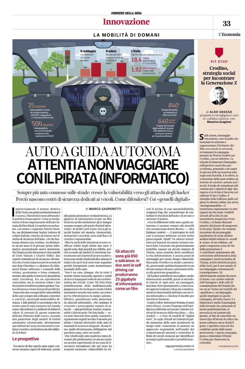 devid_v's tweet photo. Sul @Corriere si parla di auto a guida autonoma e del nostro Global Automotive Security Test Center, il centro per la #cybersecurity in campo #automotive specializzato in protezione da attacchi cyber. Leggi l’intervista a Dolman Aradori, Head of Cybersec… https://t.co/IU0D2BkDLc