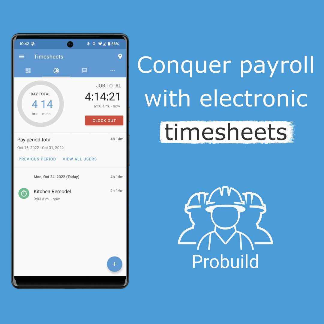 ProbuildApp's tweet image. Say goodbye to paper #timesheets and administrative headaches! Probuild’s GPS-supported electronic timesheets make payroll a breeze, and give you a quick and accurate view of time spent on the job. Available on Android (bit.ly/3c3w2UT) or iOS (apple.co/2A7J5Hx)