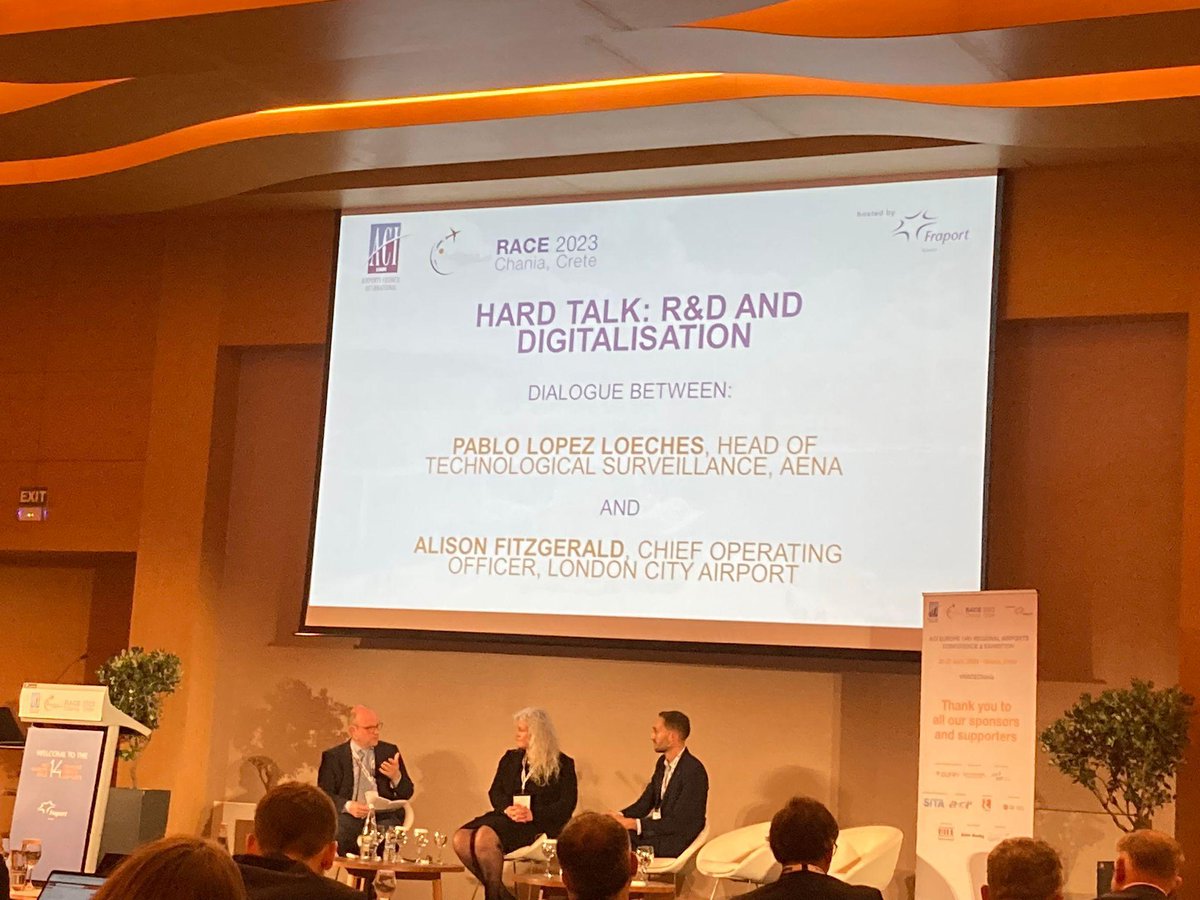 aena's tweet photo. 🗣️ Pablo López, resp. de Vigilancia Técnica y Financiación I+D+i, en el debate "R&D and Digitalisation" de #RACEChania @ACI_EUROPE:
"Aena tiene una apuesta clara por la #innovación, que se materializa en el Plan Estratégico de Innovación y Transformación Digital de la empresa". https://t.co/KUnmEYwZhZ