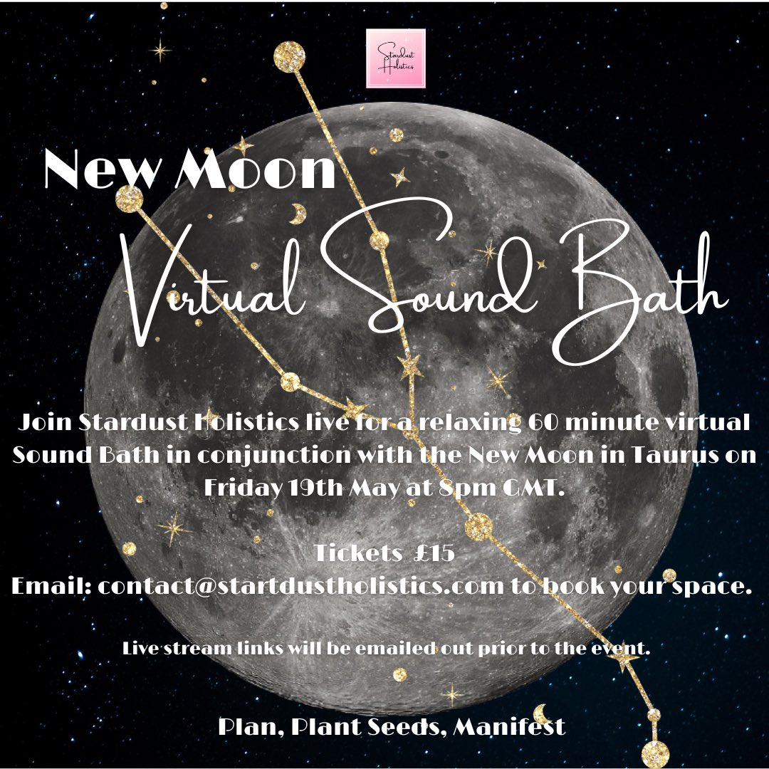 Stardustbydani's tweet photo. Here are the details of May‘s moon phase virtual sound baths.
Full moon eclipse in Scorpio on Friday 5th May 8pm GMT £15
New moon in Taurus on Friday 19th May 8pm GMT £15
Or
Book both together for just £25
To book email: contact@stardustholistics.com
#virtualsoundbath https://t.co/6qLrtytDwZ