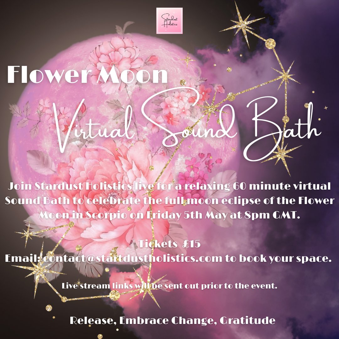 Stardustbydani's tweet photo. Here are the details of May‘s moon phase virtual sound baths.
Full moon eclipse in Scorpio on Friday 5th May 8pm GMT £15
New moon in Taurus on Friday 19th May 8pm GMT £15
Or
Book both together for just £25
To book email: contact@stardustholistics.com
#virtualsoundbath https://t.co/6qLrtytDwZ