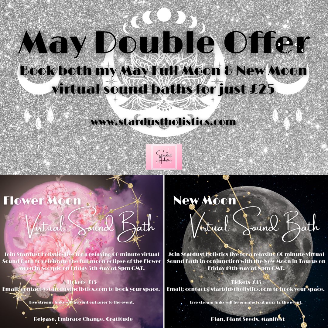 Stardustbydani's tweet photo. Here are the details of May‘s moon phase virtual sound baths.
Full moon eclipse in Scorpio on Friday 5th May 8pm GMT £15
New moon in Taurus on Friday 19th May 8pm GMT £15
Or
Book both together for just £25
To book email: contact@stardustholistics.com
#virtualsoundbath https://t.co/6qLrtytDwZ
