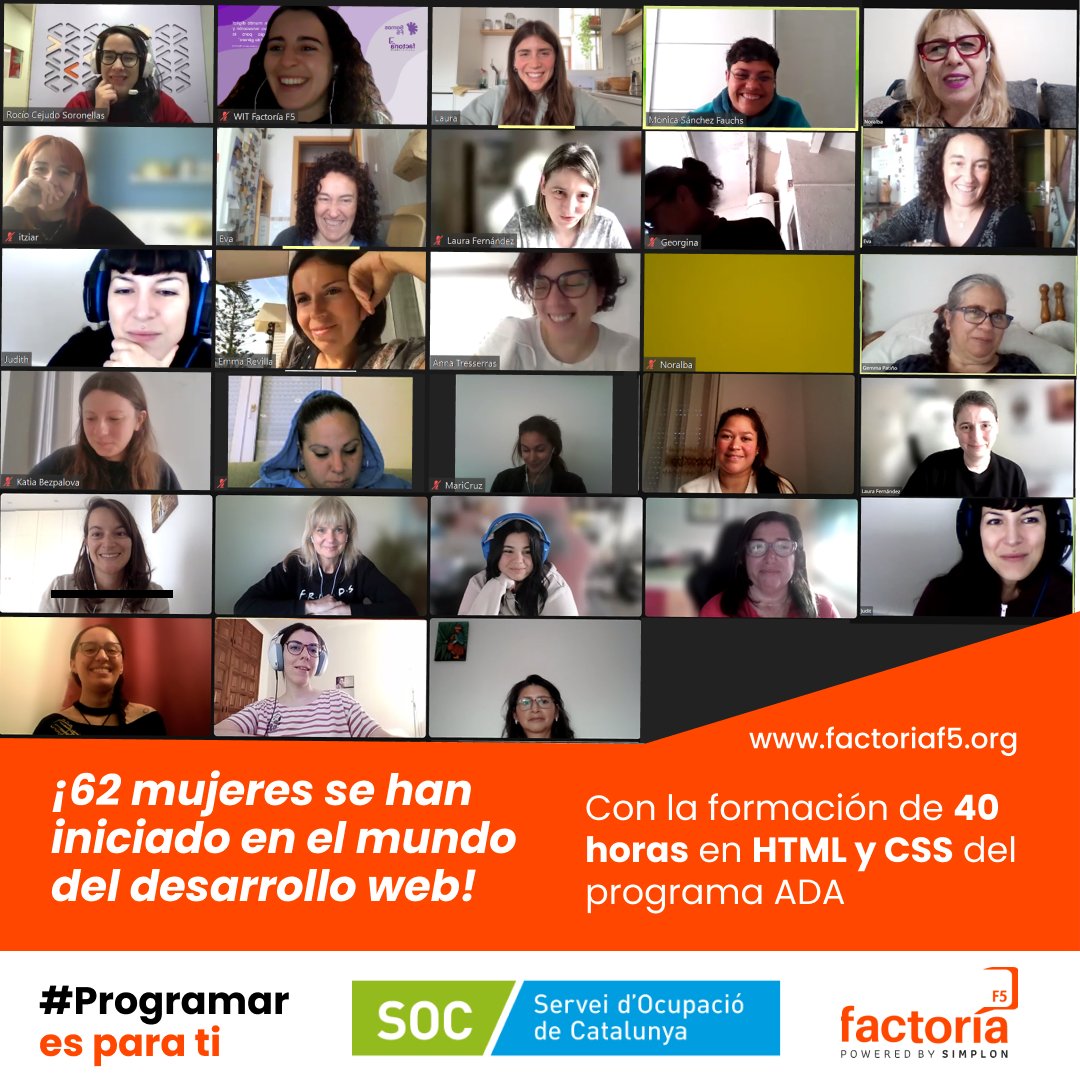 FactoriaF5's tweet photo. Un total de 62 #mujeres se han iniciado en el #desarrolloWeb a través del Programa ADA, ¡enhorabuena!
Impulsado por el @ocupaciocat y Factoría F5, el programa ADA ofrece la oportunidad de iniciarse en el desarrollo web con solo 40 horas de formación en HTML y CSS. https://t.co/ClvnuwohKL