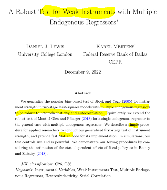 CavaliereGiu's tweet photo. Hi #EconTwitter!

Do you use 𝐈𝐕 estimation and use @jimstockmetrics-Yogo's pretest for instrument strength?

Check out this cool paper, where Daniel Lewis (@EconUCL) and Karel Mertens (@DallasFed) have a test allowing for hetero/autocorr &amp; multiple endogenous regressors! https://t.co/lzAryt2uF1