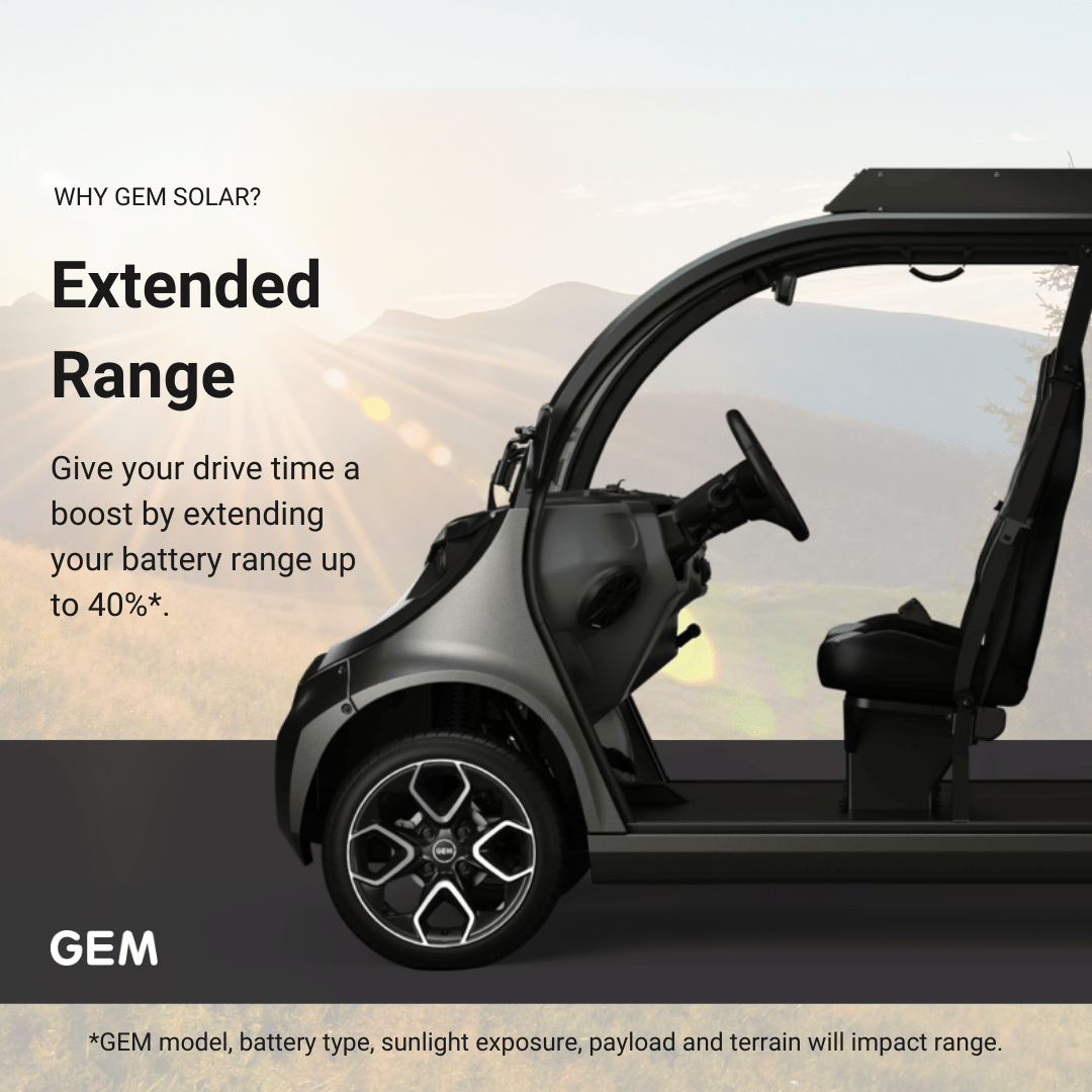 Recharge your GEM with renewable solar energy. Our new #solarpanels are custom designed to harness the power of the sun. Learn more at GEMCar.com/Solar.